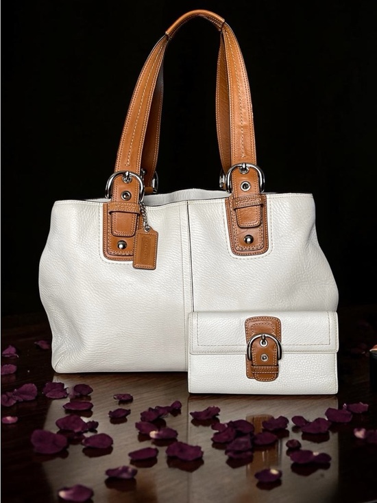 Coach Handbags - Coach SoHo White Leather Shoulder Bag with Tan Buckle Trim and Matching Wallet